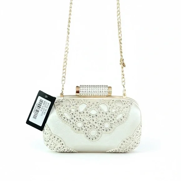 Badgley Mischka Off White Satin Rhinestone Clutch Evening Handbag Chain - Picture 1 of 16